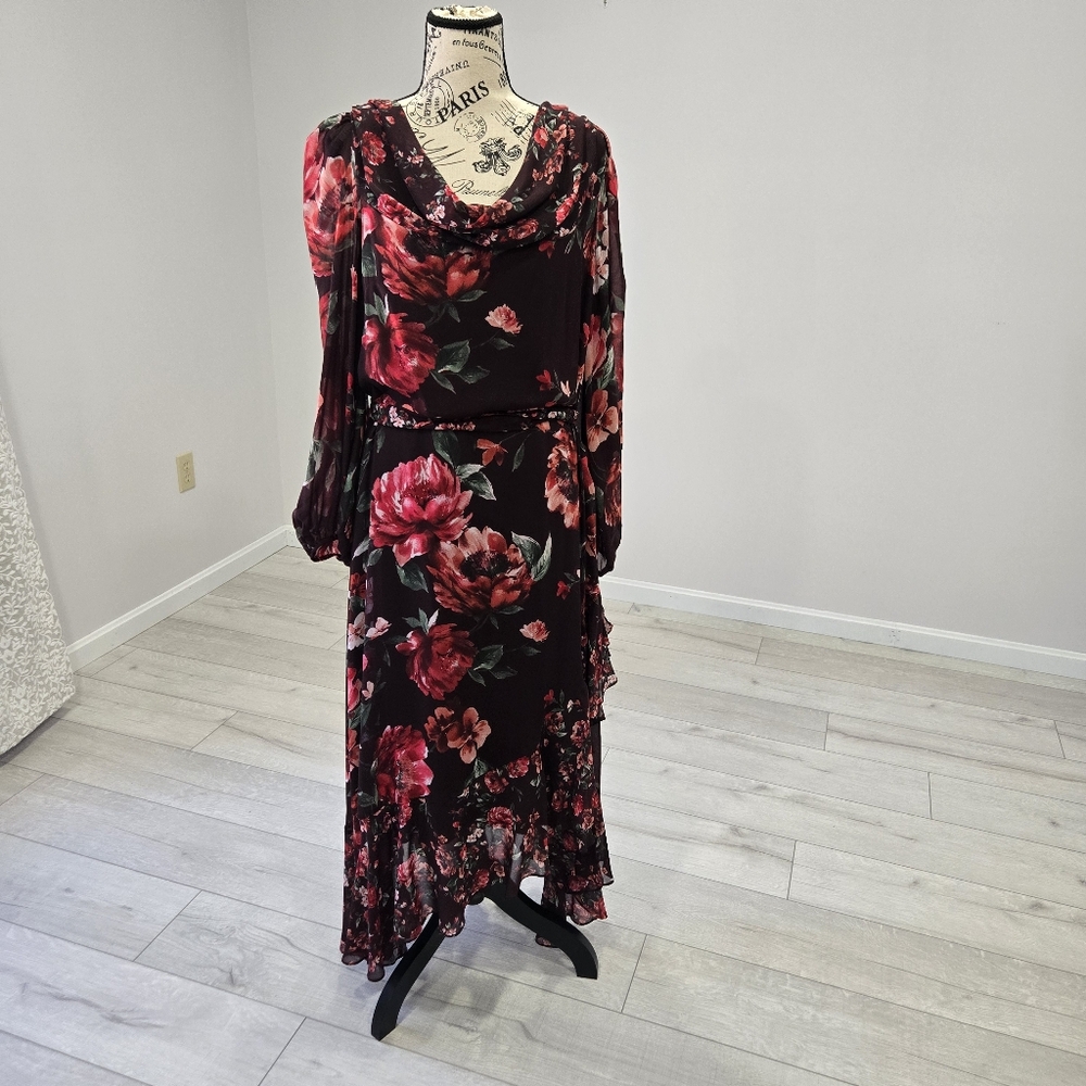 Alex Marie Birdie Chiffon Floral Print Cowl Neck  Tie Waist Ruffles Plus Size 18 - Picture 2 of 10